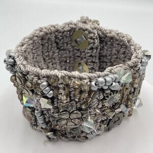 VTG Y2k Crochet Cuff Bracelet Grey Beaded Eclectic Charm Statement Wristband